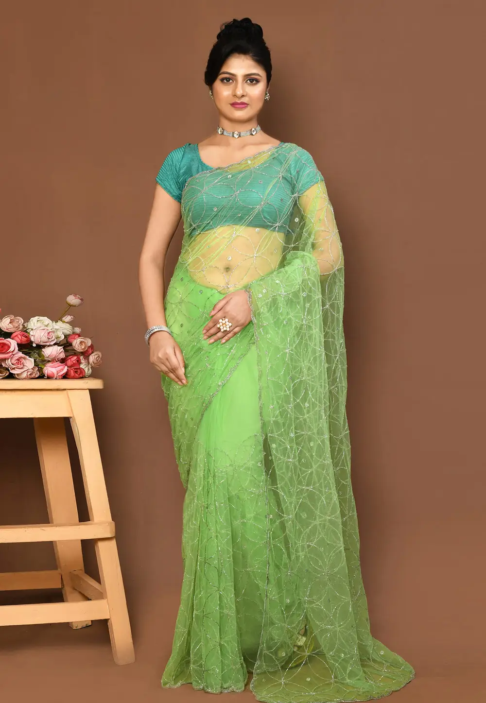 Light Green Net Saree With Blouse 295967