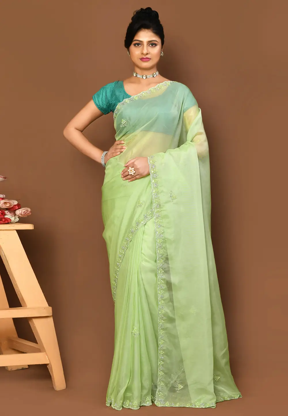 Light Green Organza Saree With Blouse 296008