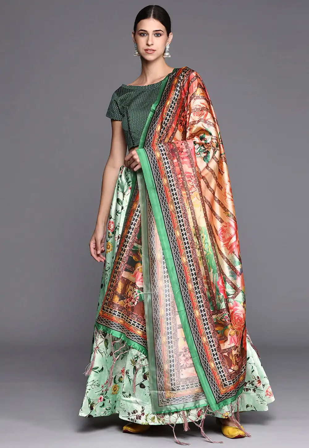 Light Green Satin Silk Floral print Lehenga choli 290447