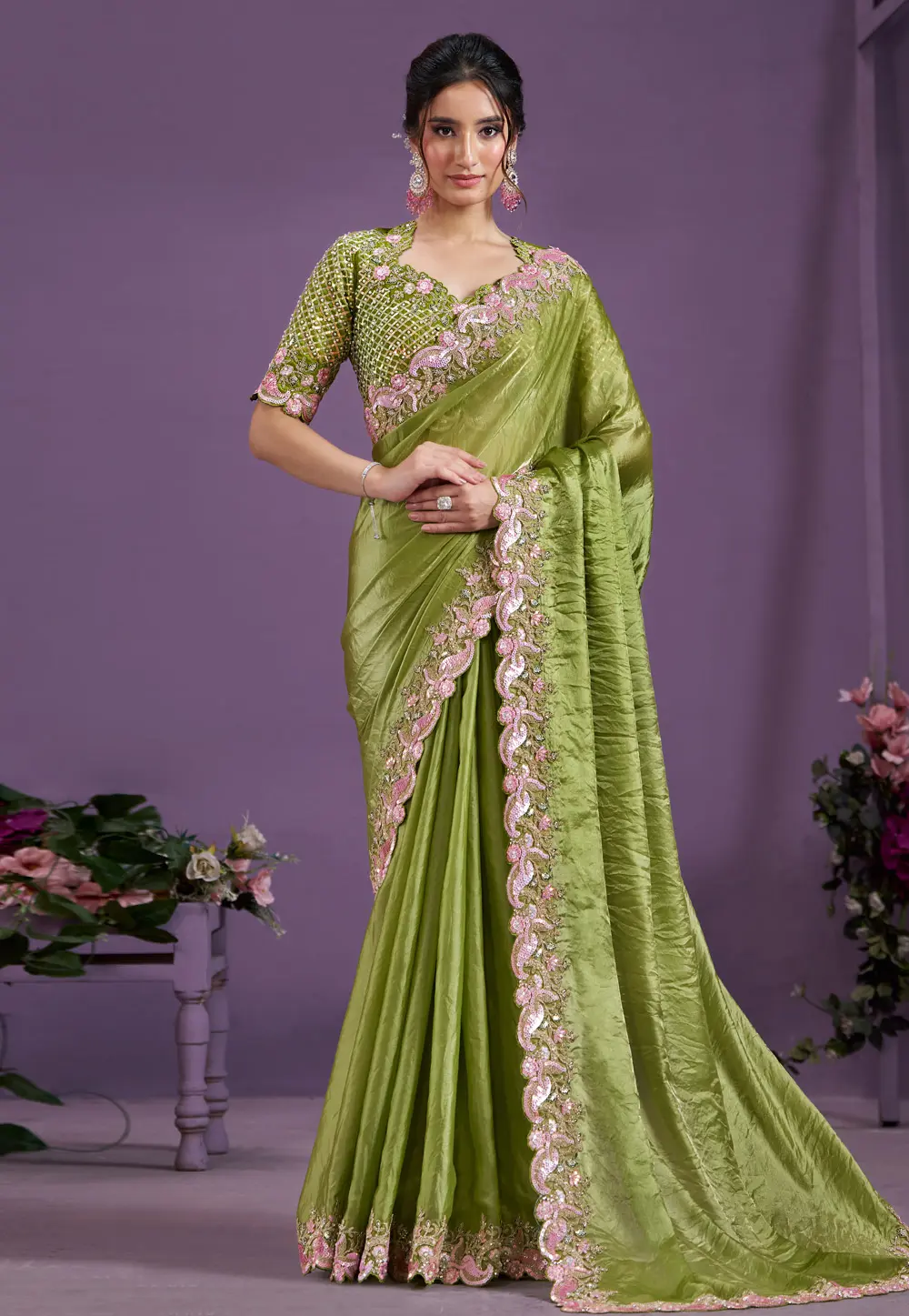 Light Green Satin Silk Saree With Blouse 298522