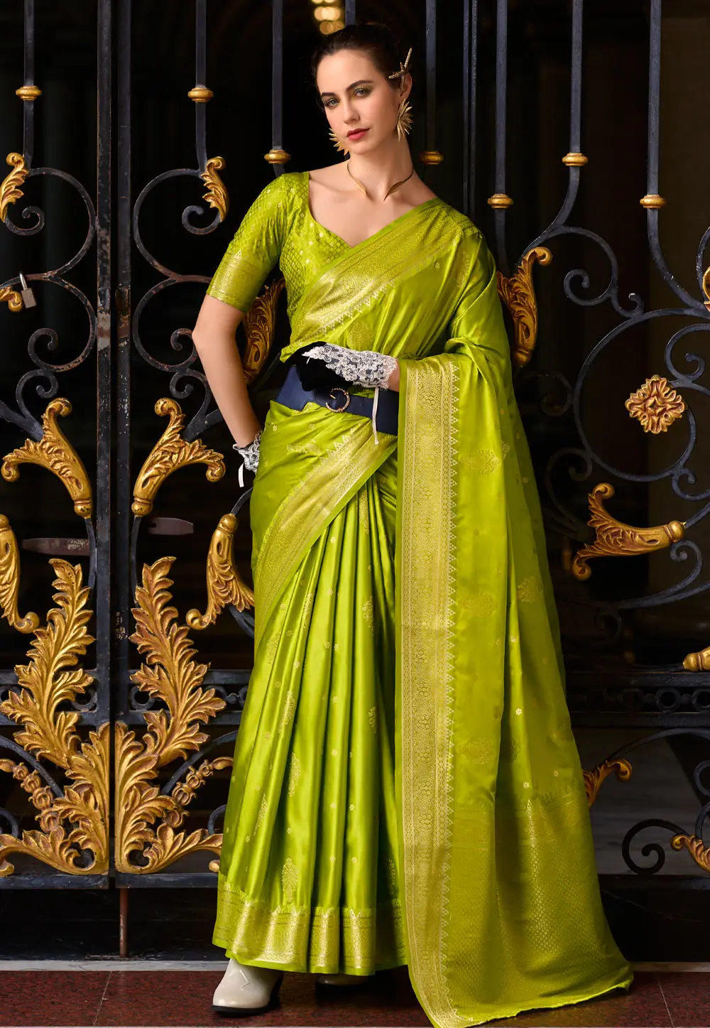 Light Green Satin Silk Saree With Blouse 296543