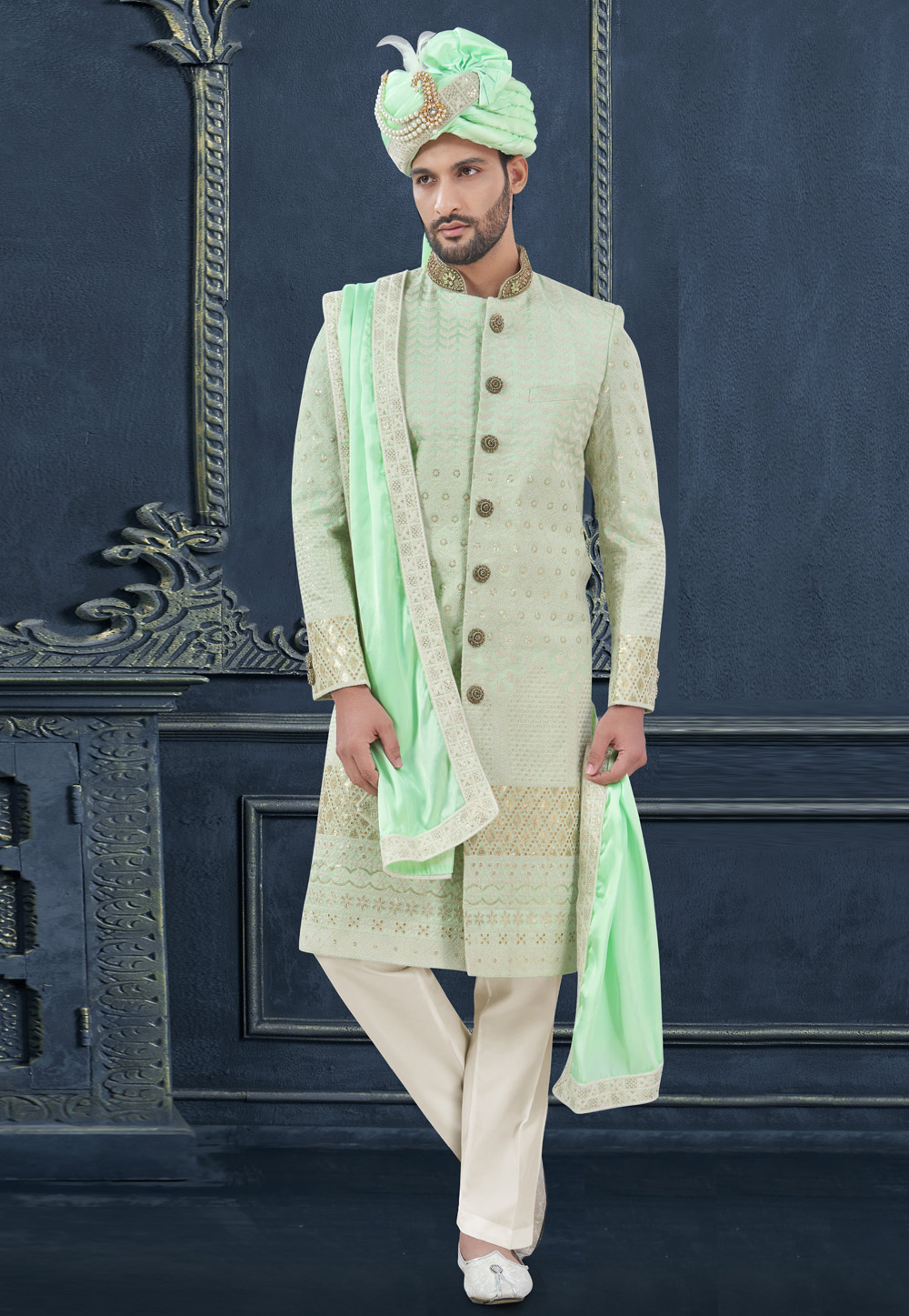 Light Green Silk Achkan Style Sherwani 305187