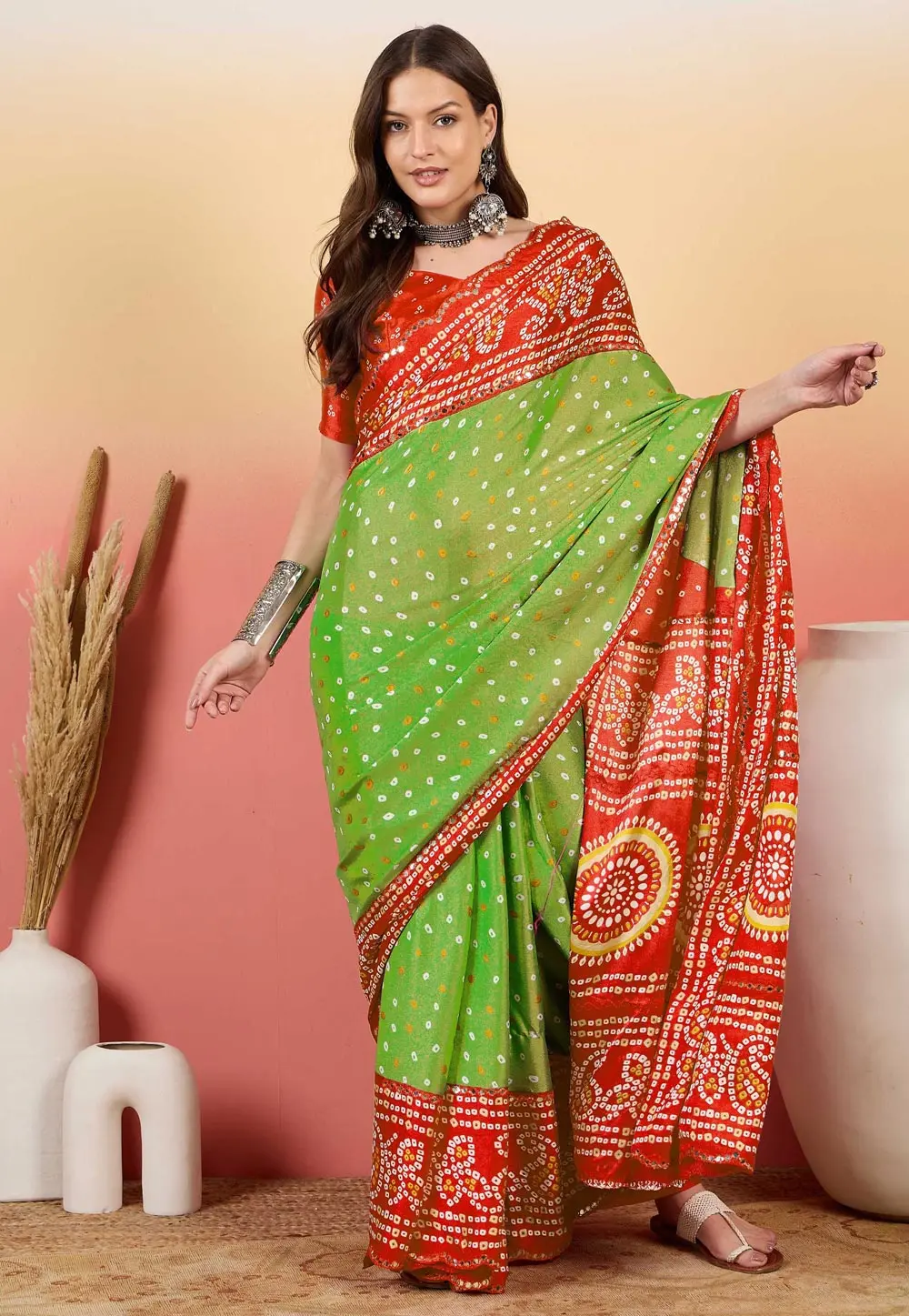 Light Green Silk Bandhani Print Saree 304727