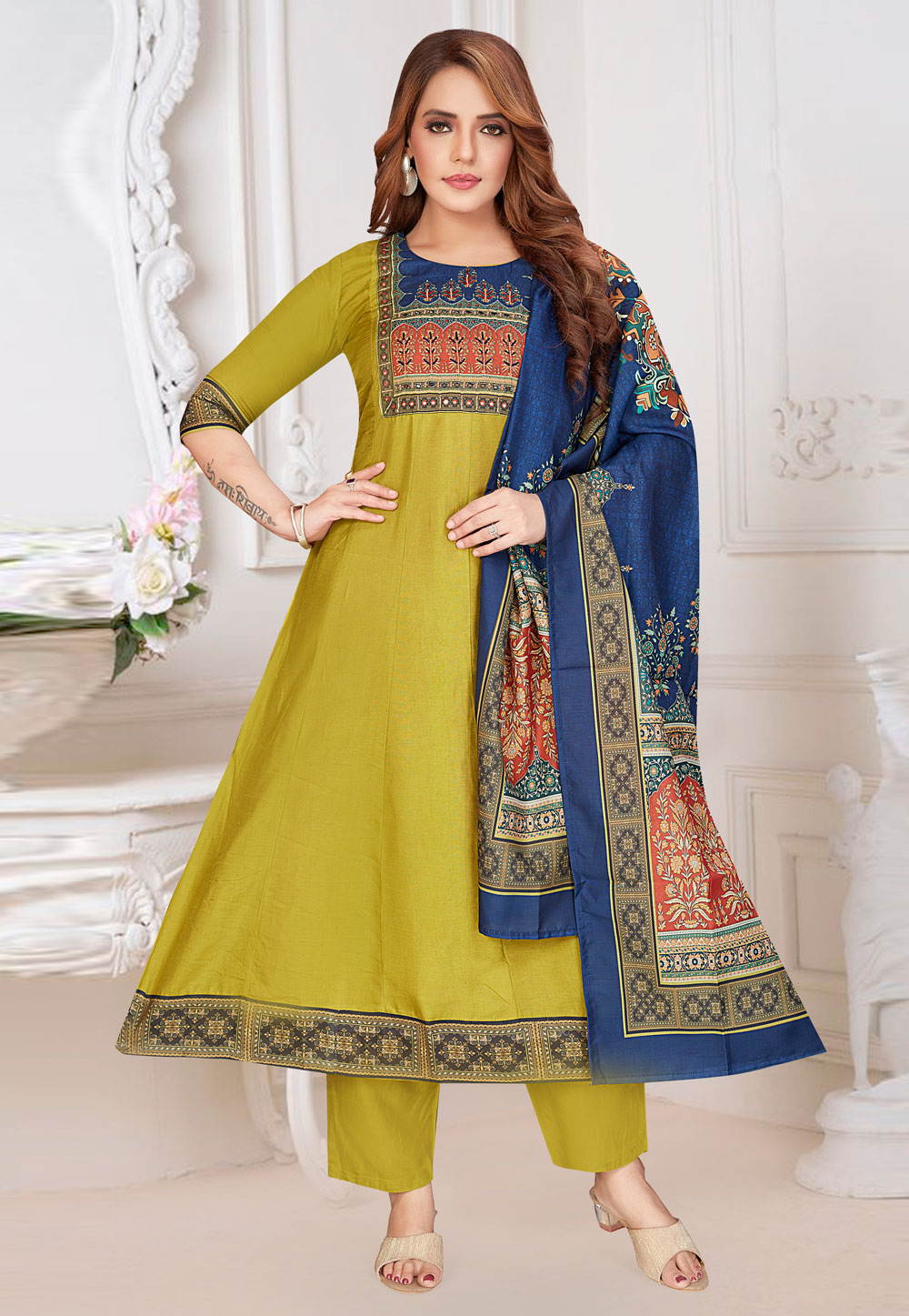 Light Green Silk Readymade Anarkali Suit 305048