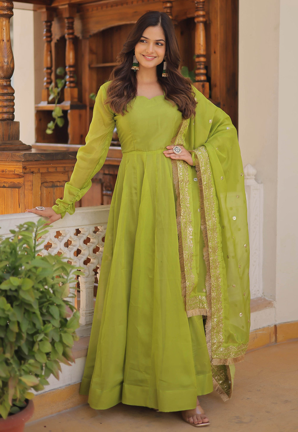 Light Green Silk Readymade Long Anarkali Suit 283722