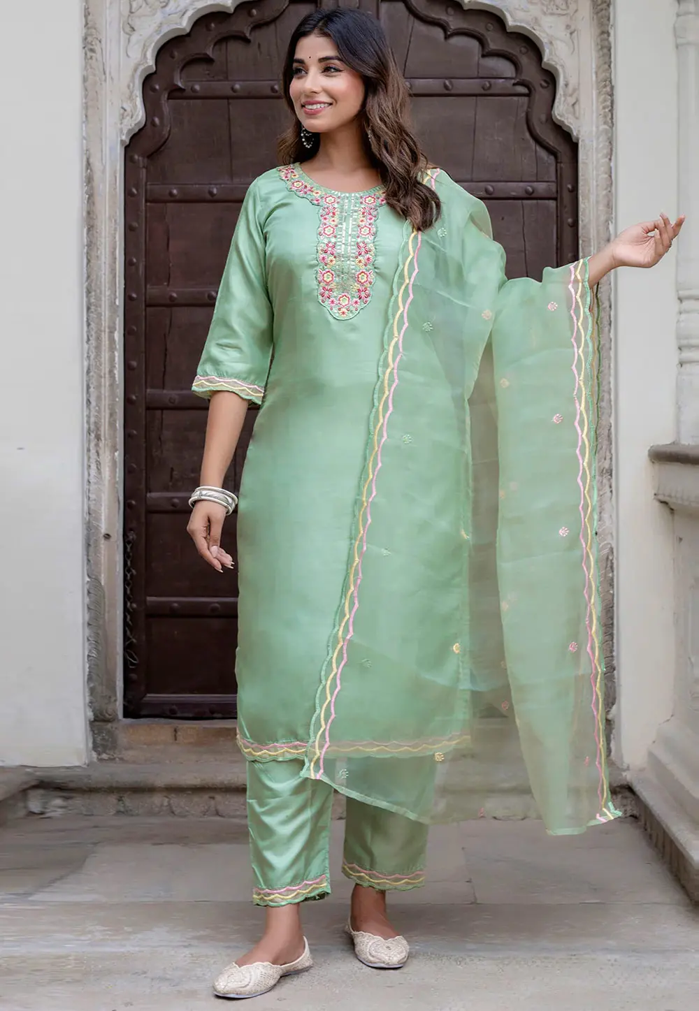 Light Green Silk Readymade Pakistani Suit 298191