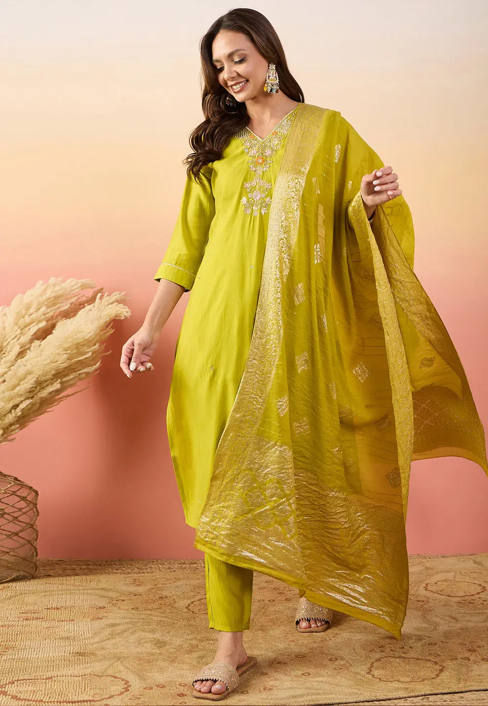 Light Green Silk Readymade Pant Style Suit 296557