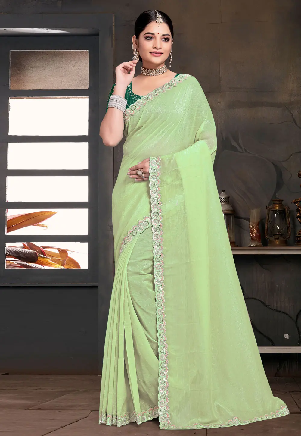 Light Green Silk Saree With Blouse 303618