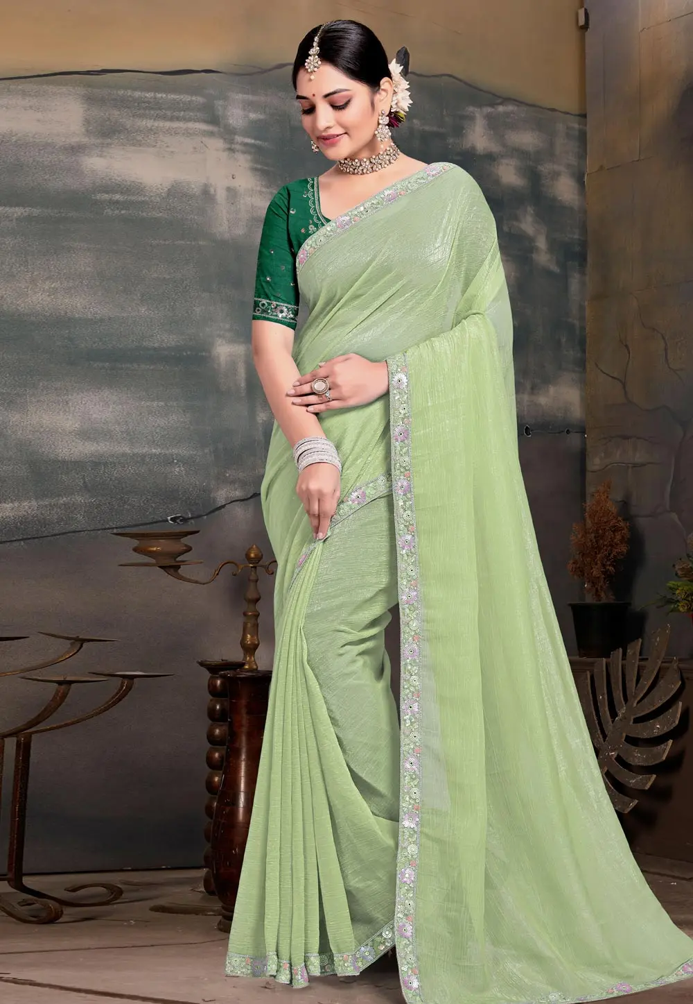 Light Green Silk Saree With Blouse 303628