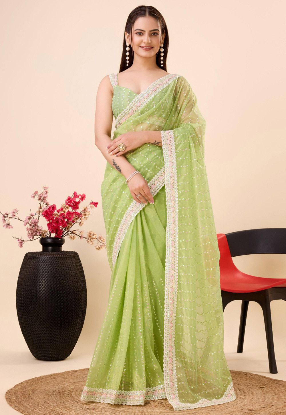 Light Green Soft Net Saree With Blouse 282836