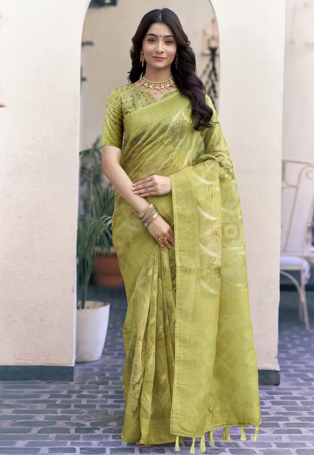 Light Green Tissue Saree With Blouse 289107