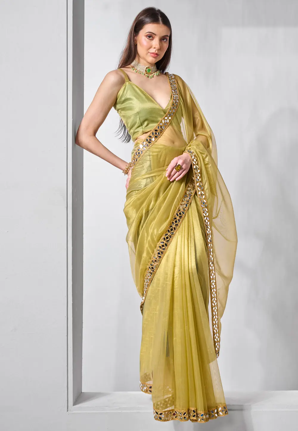 Light Green Tissue Saree With Blouse 301241