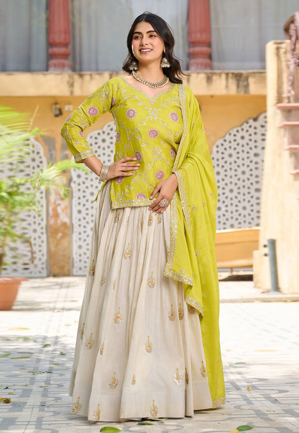 Light Green Tissue Silk Readymade Long Choli Lehenga 309614
