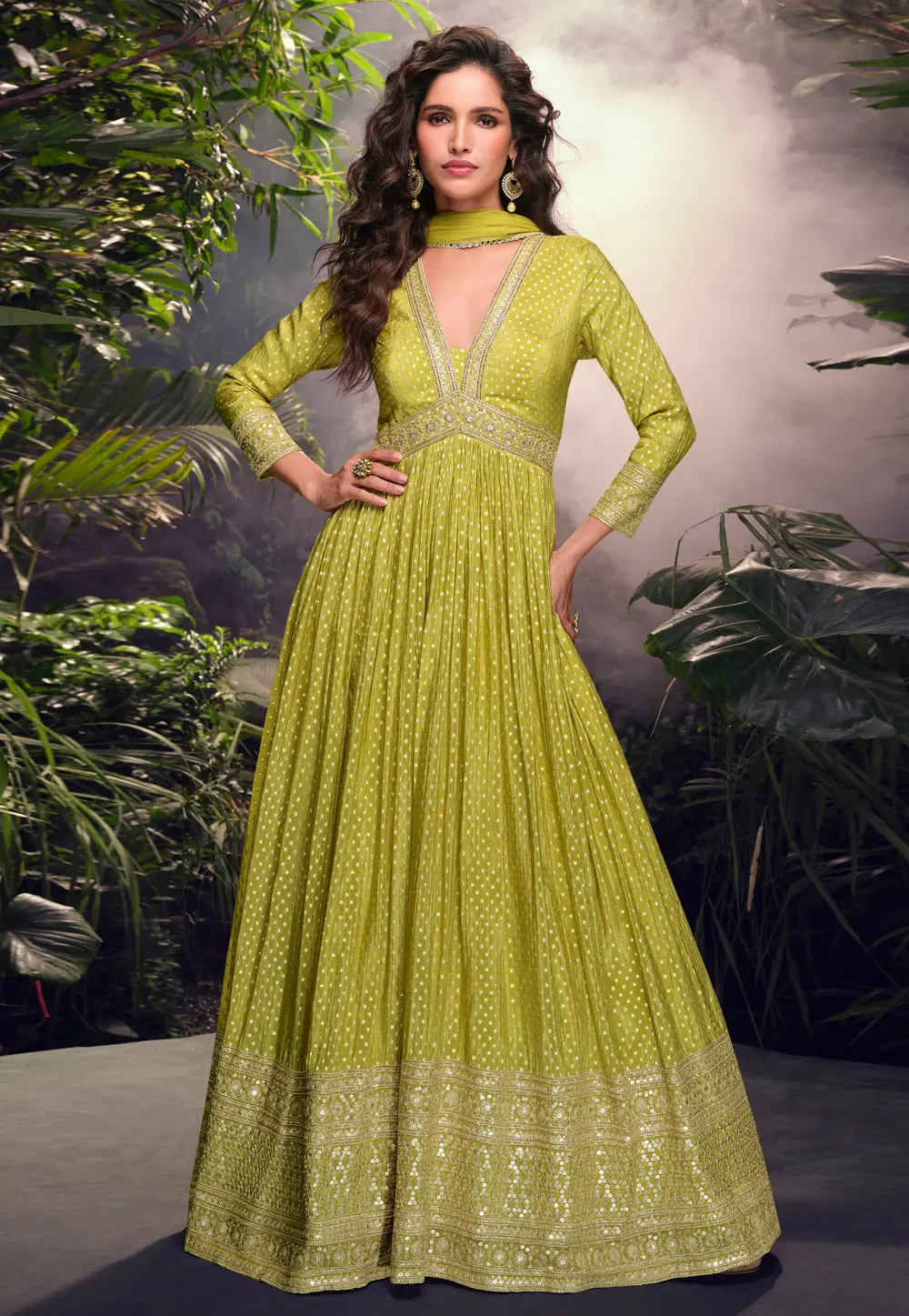 Light Green Viscose Jacquard Anarkali Suit 299780