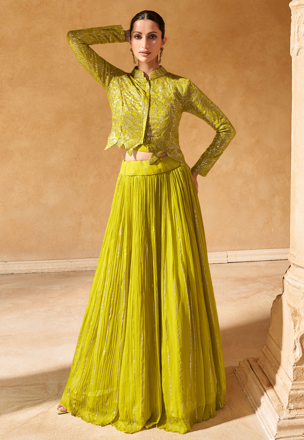 Light Green Viscose Jacquard Long Choli Lehenga 306220