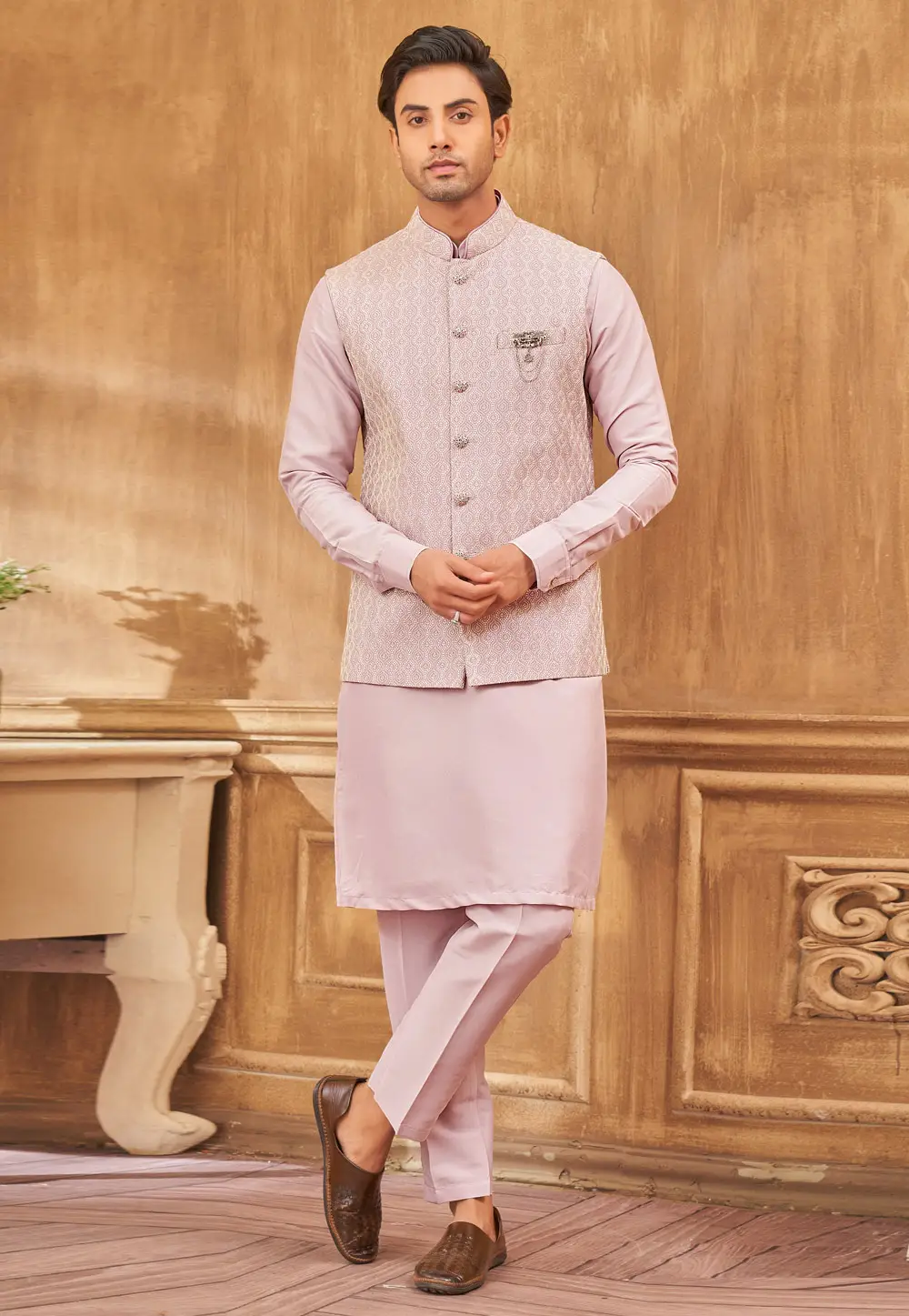 Light Pink Art Silk Kurta Pajama With Jacket 296638