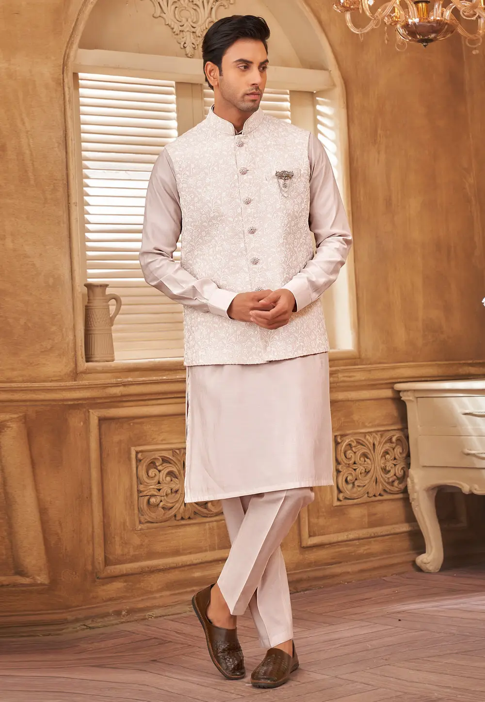 Light Pink Art Silk Kurta Pajama With Jacket 296643