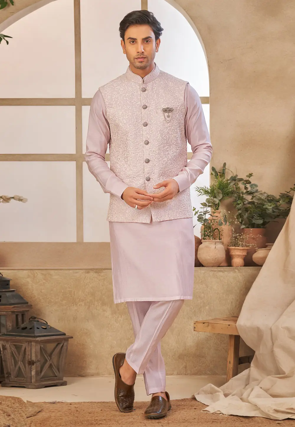 Light Pink Art Silk Kurta Pajama With Jacket 296651