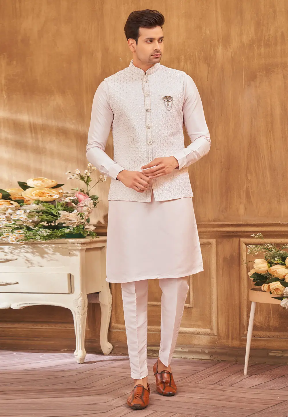 Light Pink Art Silk Kurta Pajama With Jacket 296653