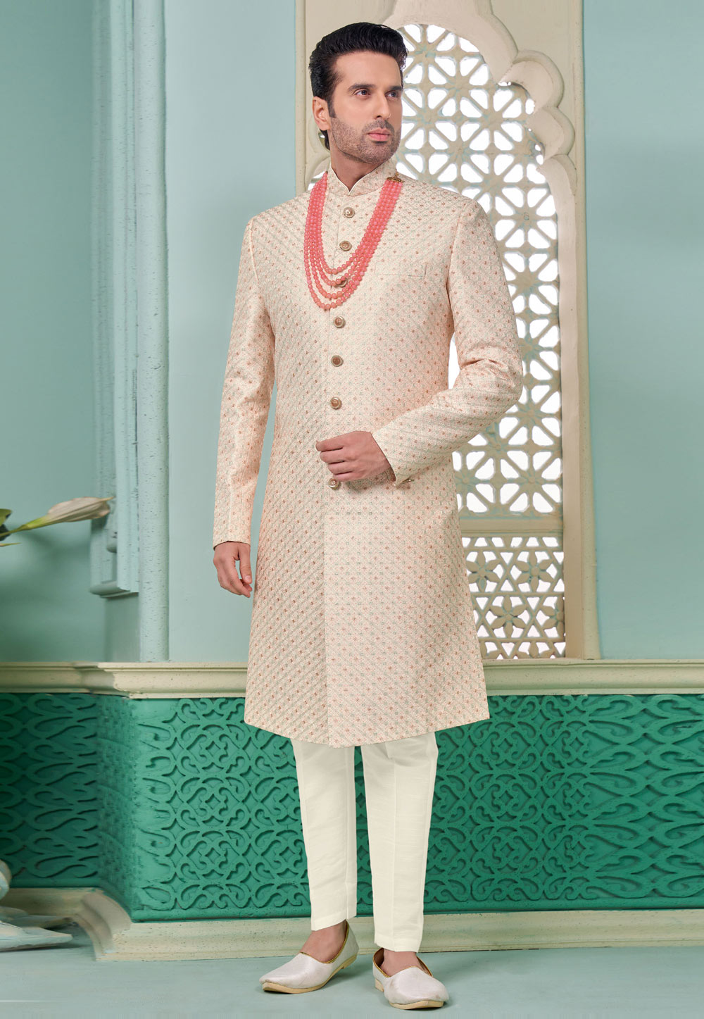 Light Pink Banarasi Silk Achkan Style Sherwani 285361
