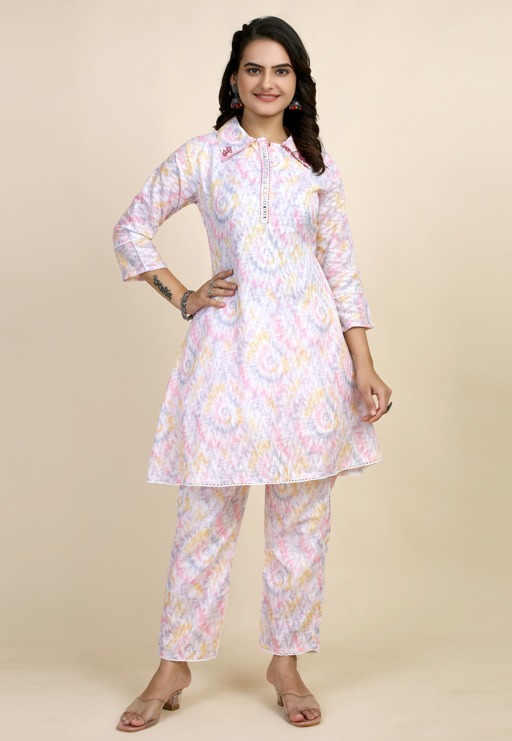 Light Pink Cotton Printed Co-Ords Set 284212