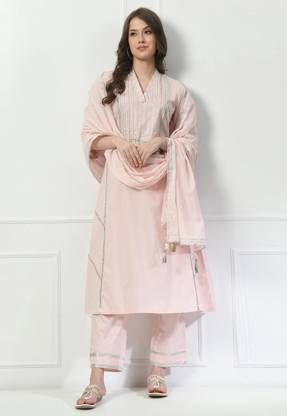 Light Pink Cotton Readymade Pant Style Suit 305438