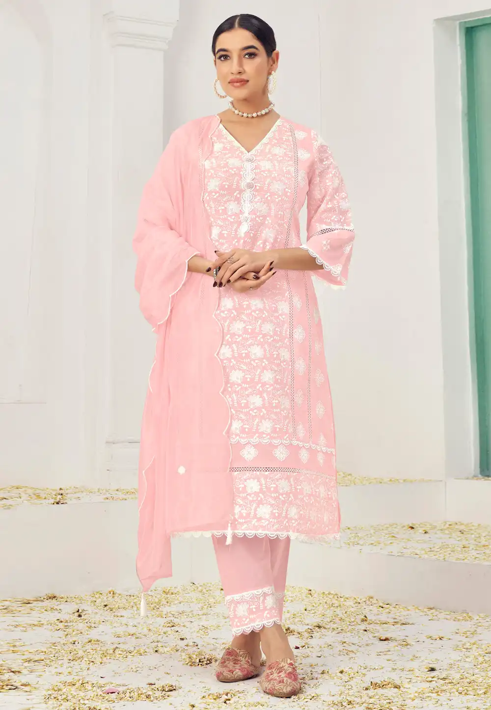 Light Pink Cotton Readymade Pant Style Suit 288484