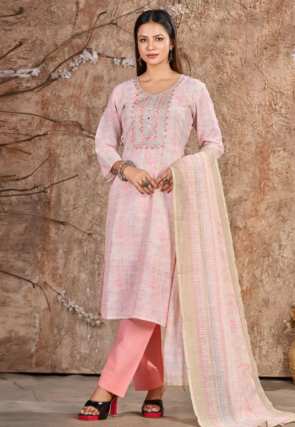 Light Pink Cotton Readymade Pant Style Suit 289178