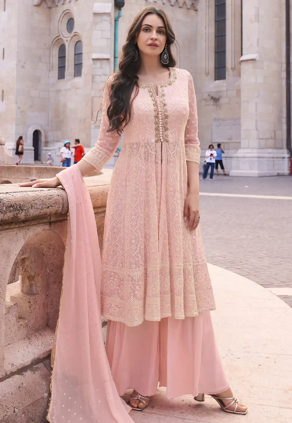 Light Pink Georgette Embroidered Palazzo Suit 294213