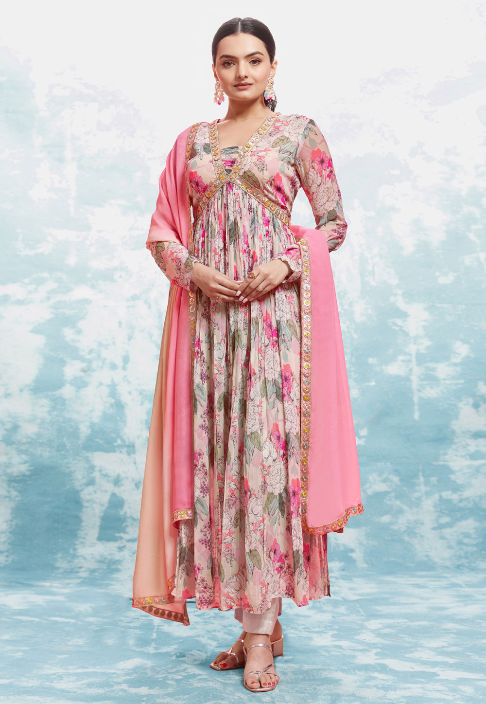Light Pink Georgette Readymade Pant Style Suit 287392