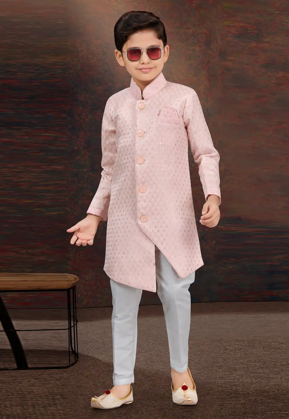 Light Pink Jacquard Kids Indo Western Sherwani 294913