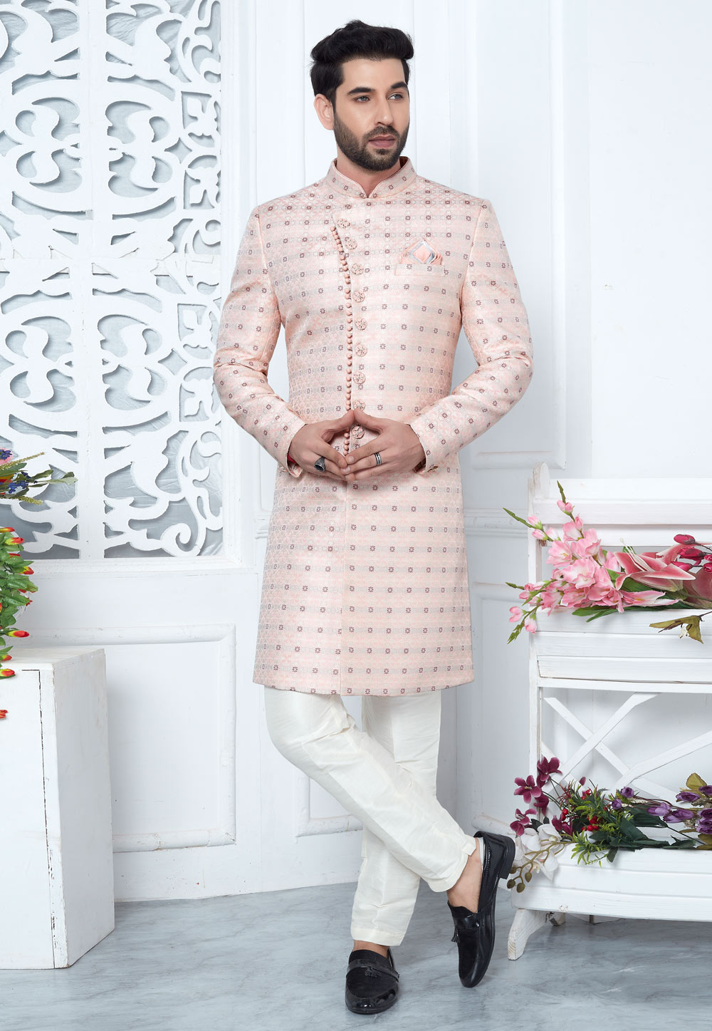 Light Pink Jacquard Silk Indo Western Suit 280162