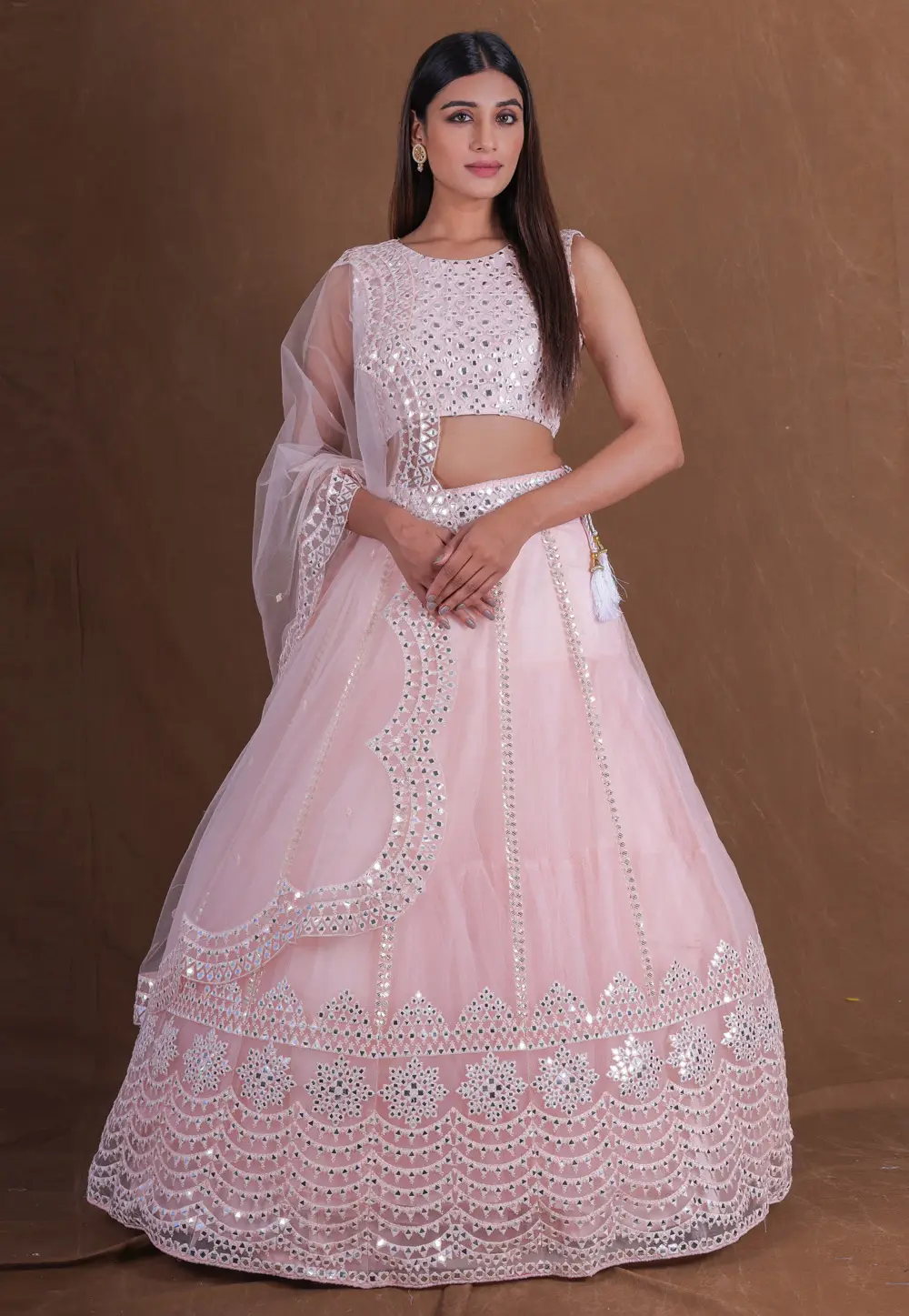 Light Pink Net A Line Lehenga Choli 297185