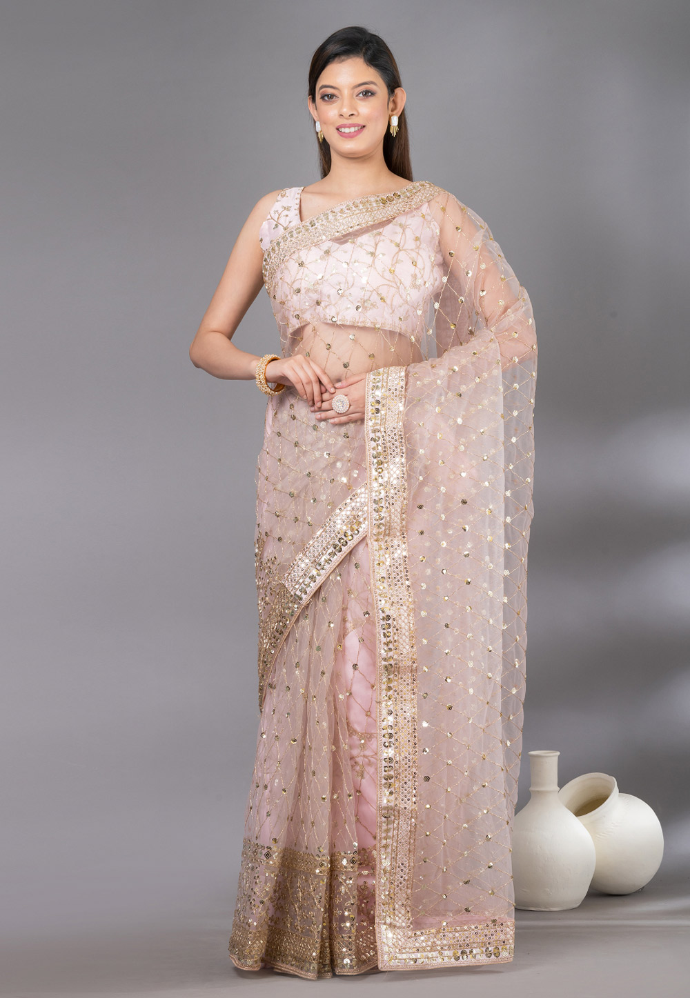 Light Pink Net Saree With Blouse 279019