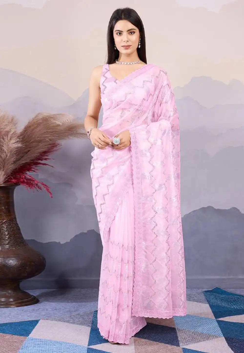 Light Pink Net Sequence Saree 294783