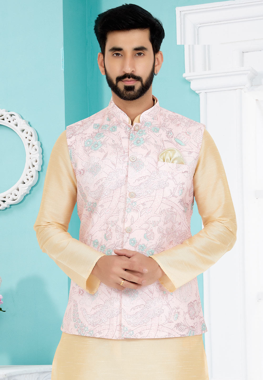 Light Pink Polyester Nehru Jacket 286794