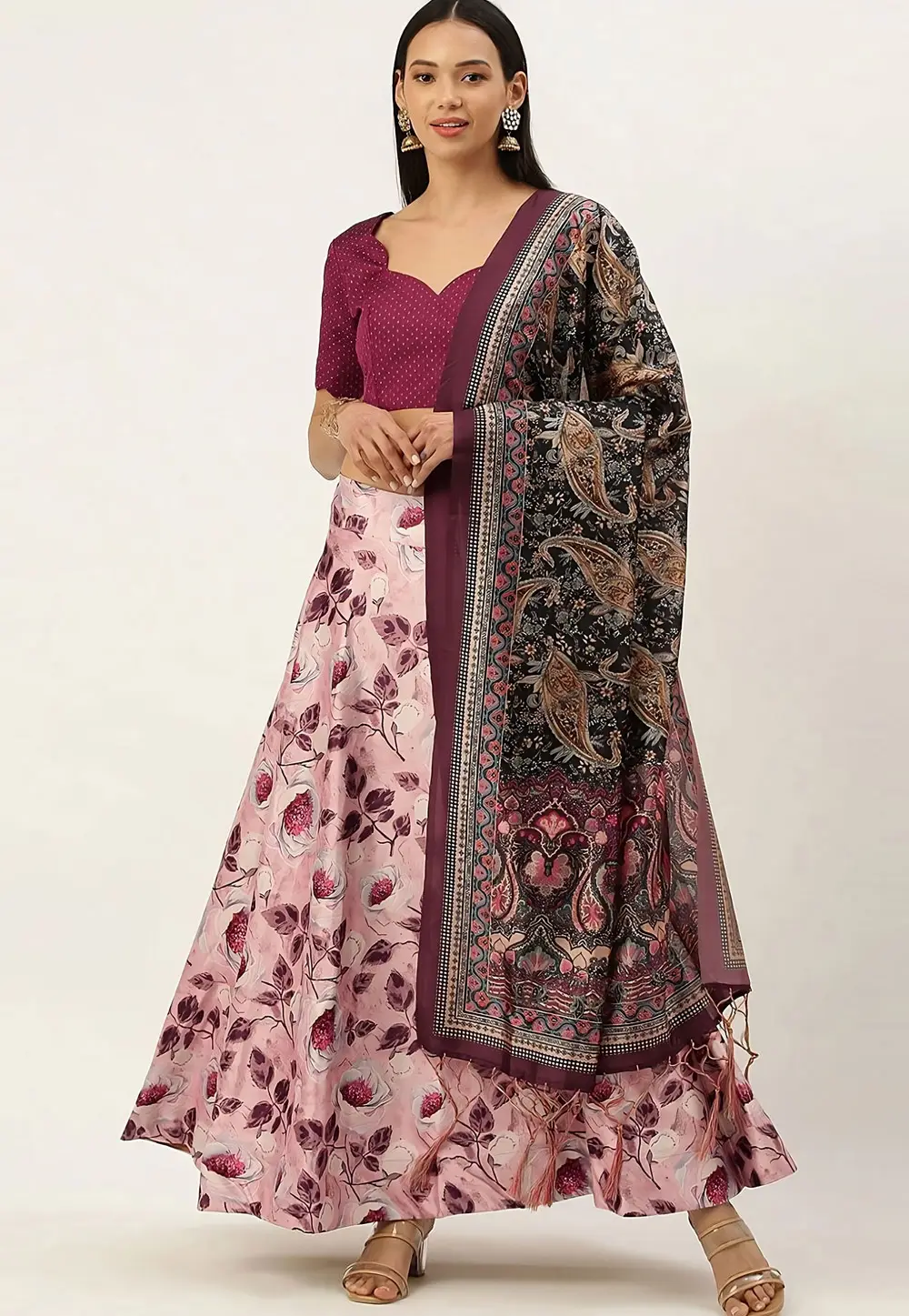 Light Pink Satin Silk Floral Lehenga choli 297105