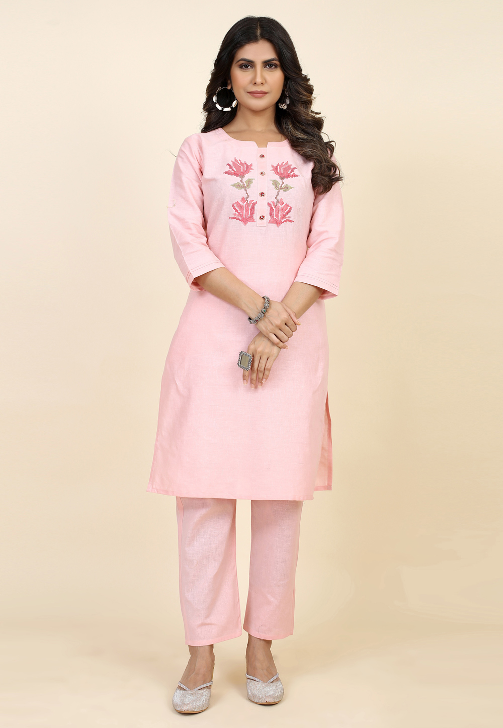 Light Pink Silk Cotton Kurta Set With Pent 285328