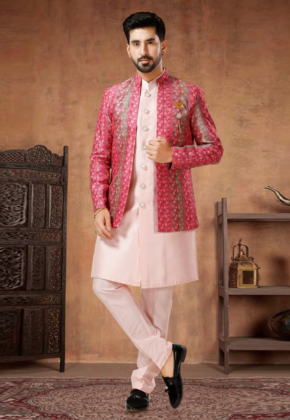 Light Pink Silk Indo Western Suit 282978