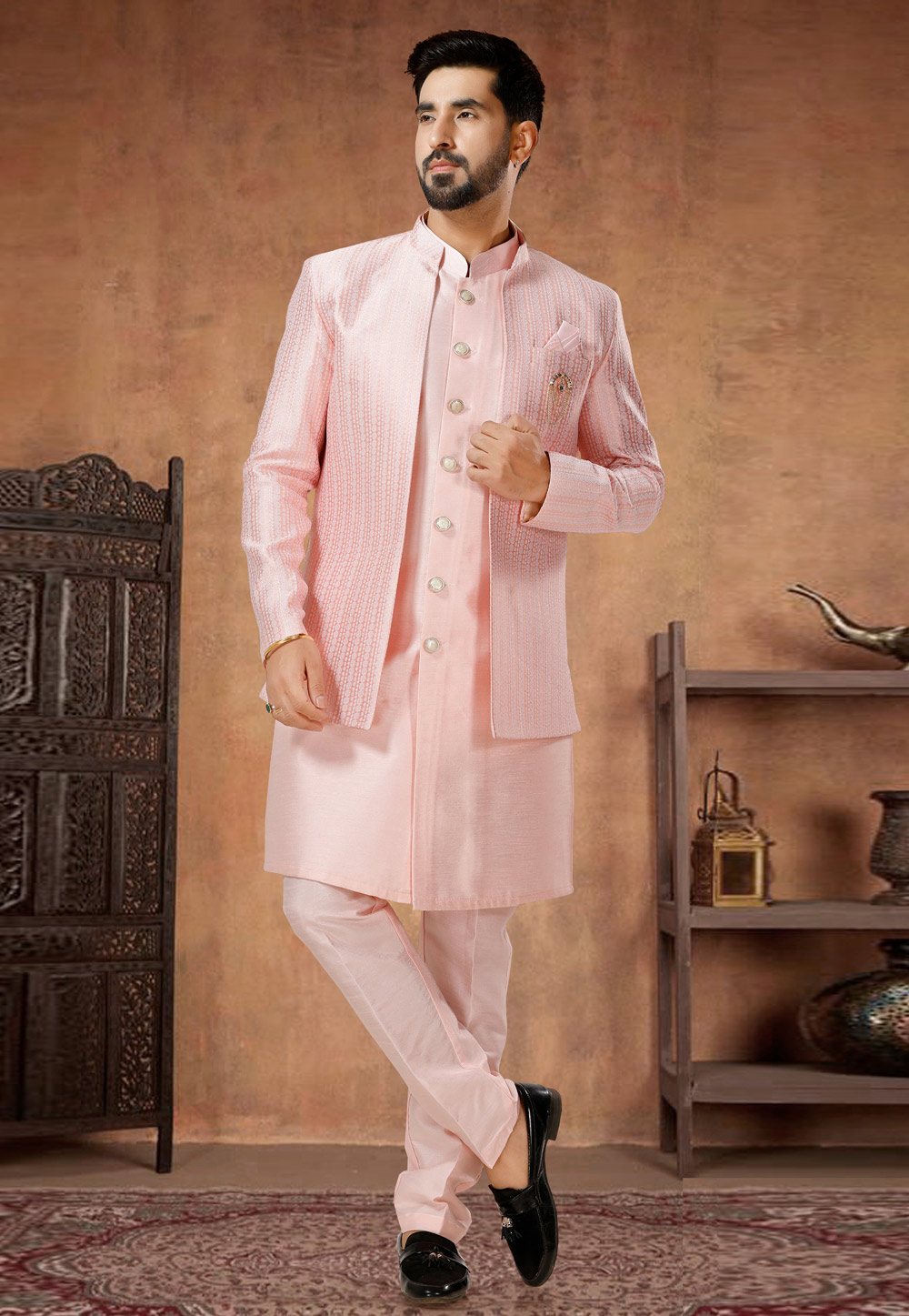 Light Pink Silk Indo Western Suit 282979