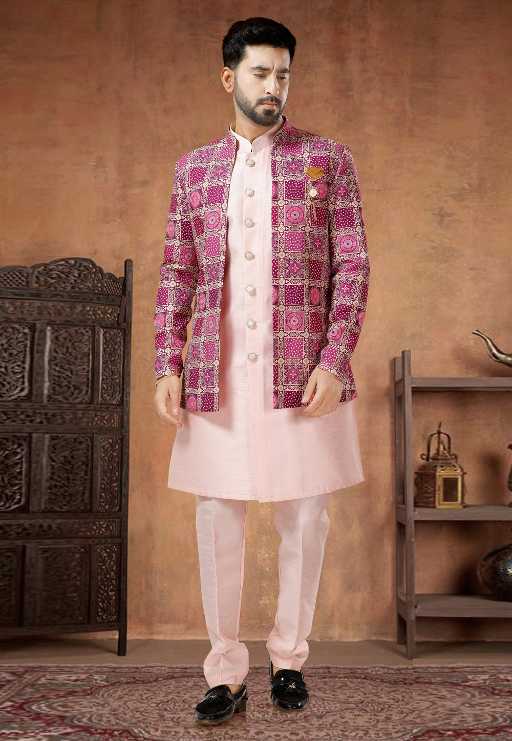 Light Pink Silk Indo Western Suit 282980