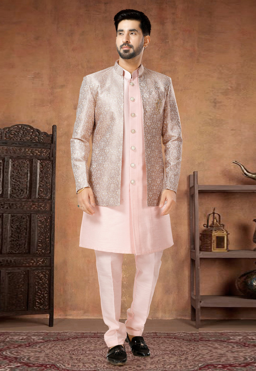 Light Pink Silk Indo Western Suit 282981