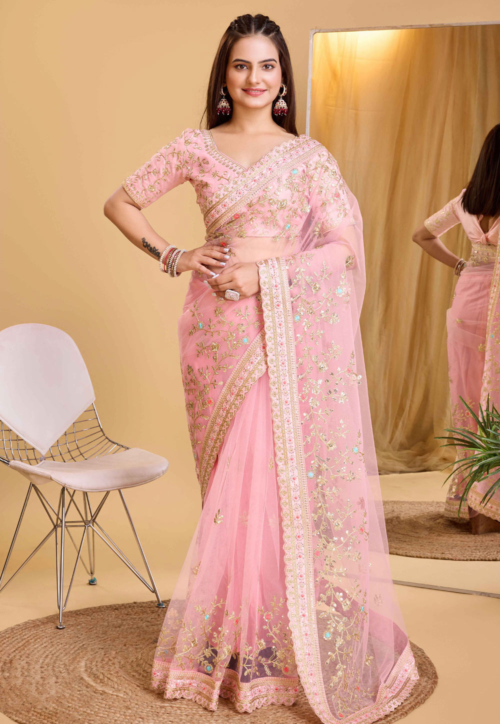 Light Pink Soft Net Saree With Blouse 284236