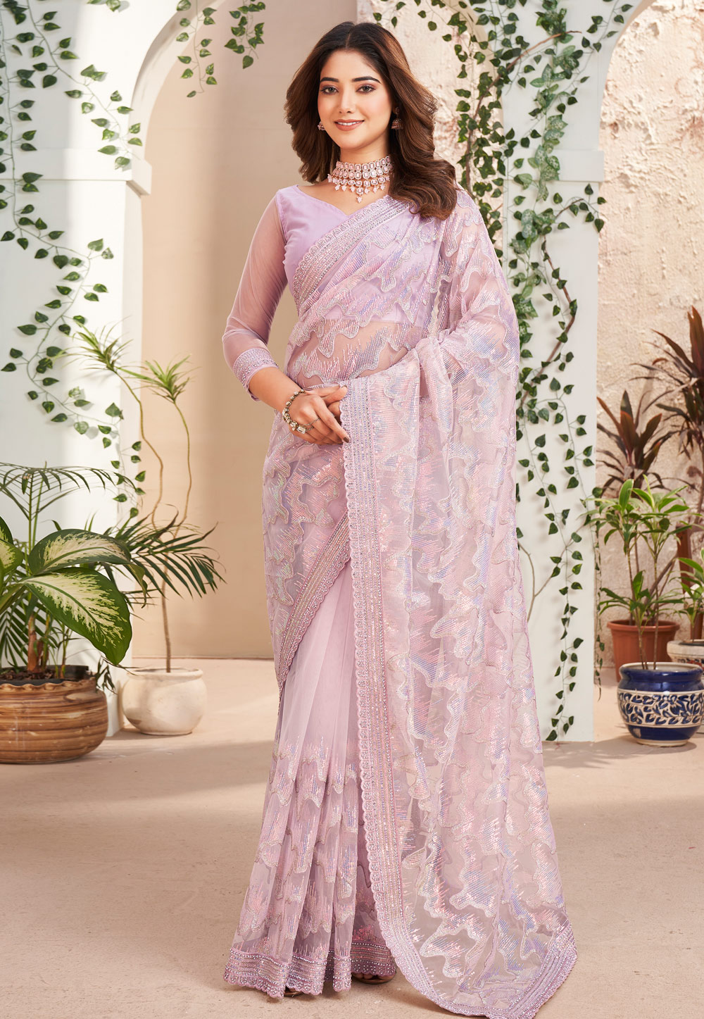 Light Pink Soft Net Saree With Blouse 283617