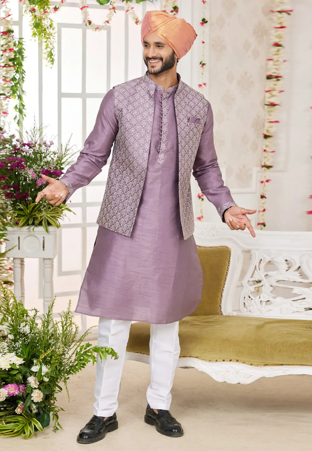 Light Purple Art Silk Kurta Pajama With Jacket 295254