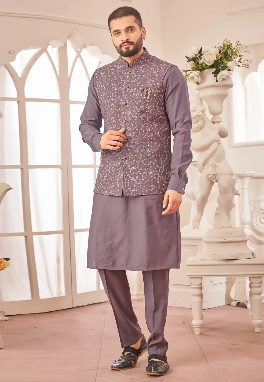 Light Purple Art Silk Kurta Pajama With Jacket 296633