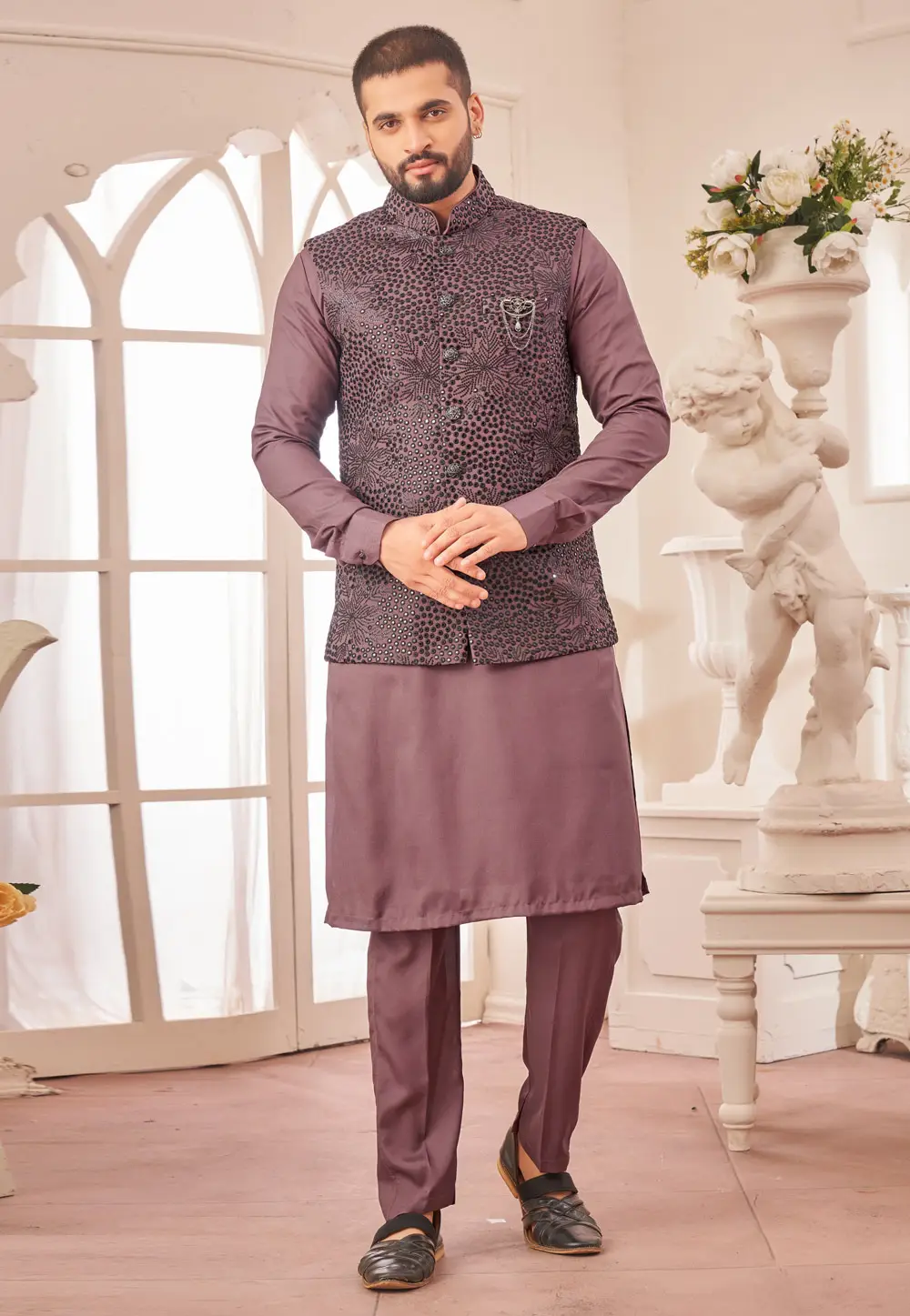 Light Purple Art Silk Kurta Pajama With Jacket 296637