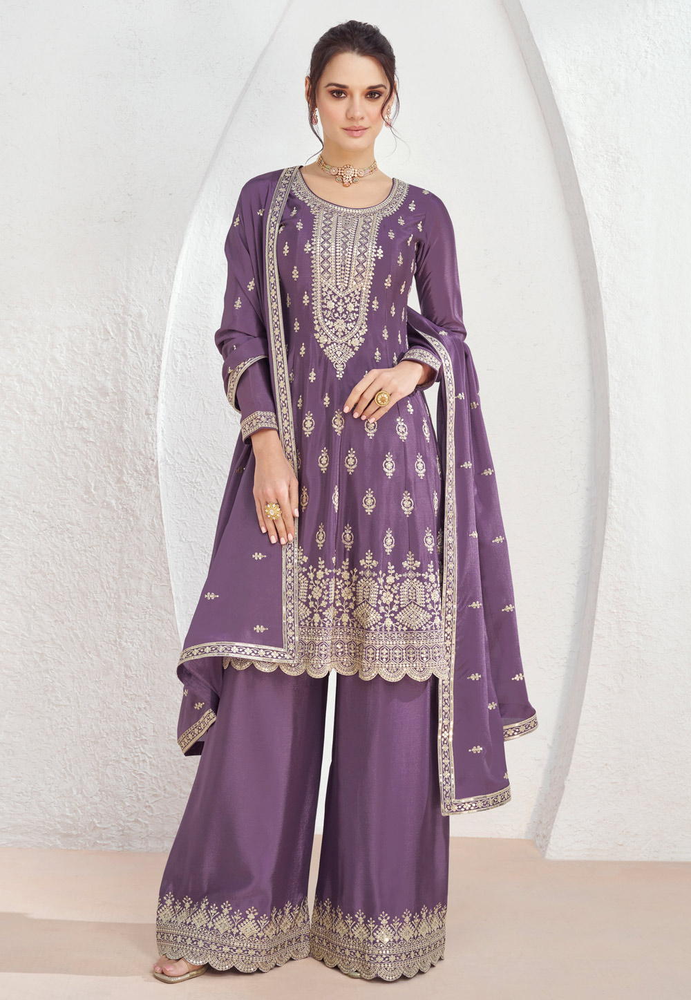 Light Purple Chinon Silk Palazzo Suit 285038