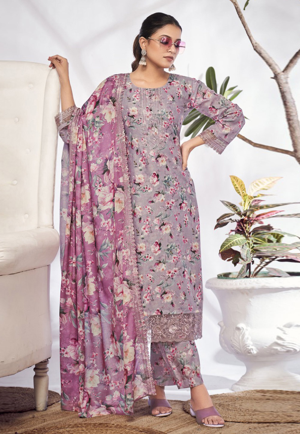 Light Purple Cotton Straight Suit 287087