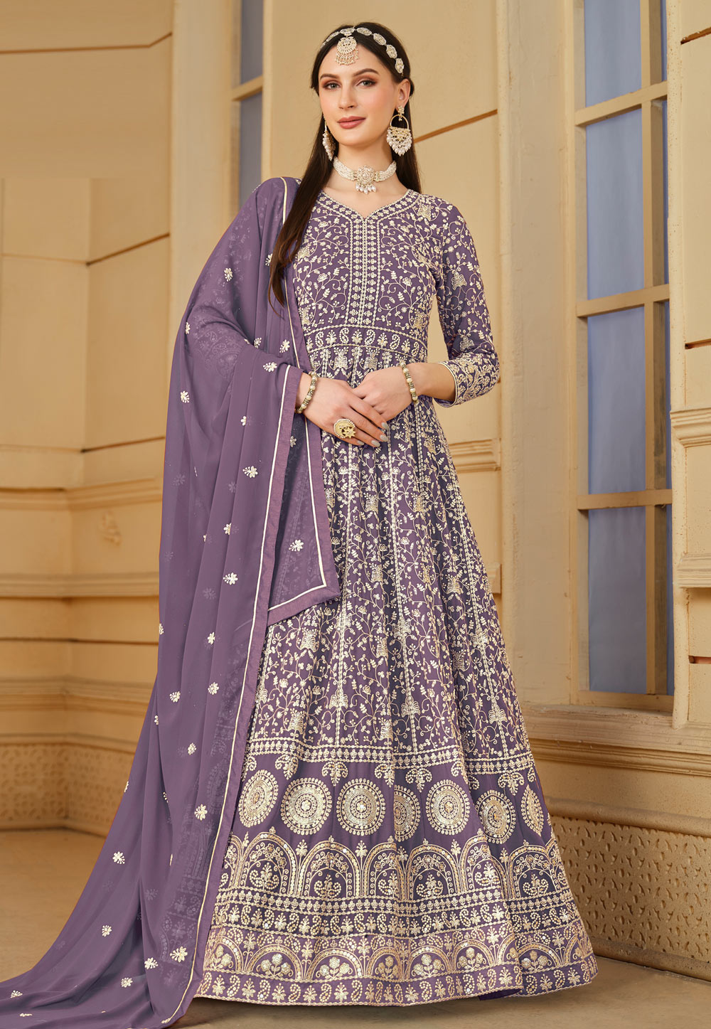 Light Purple Faux Georgette Embroidered Anarkali Suit 282456